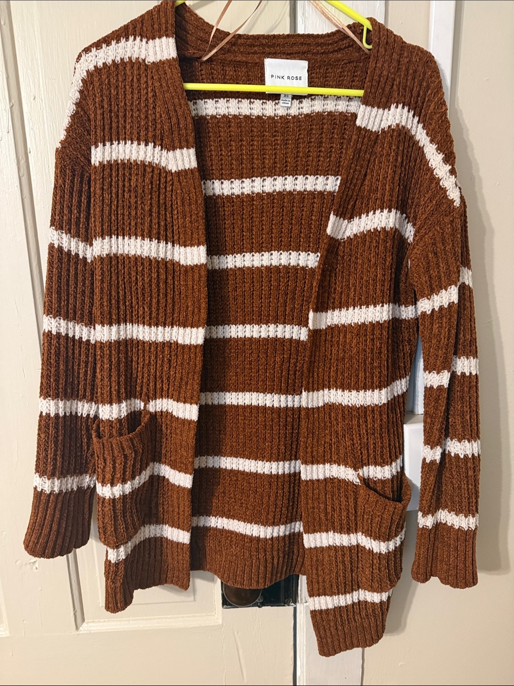 Pink Rose Brown & White Striped Open-Front Knit Cardigan